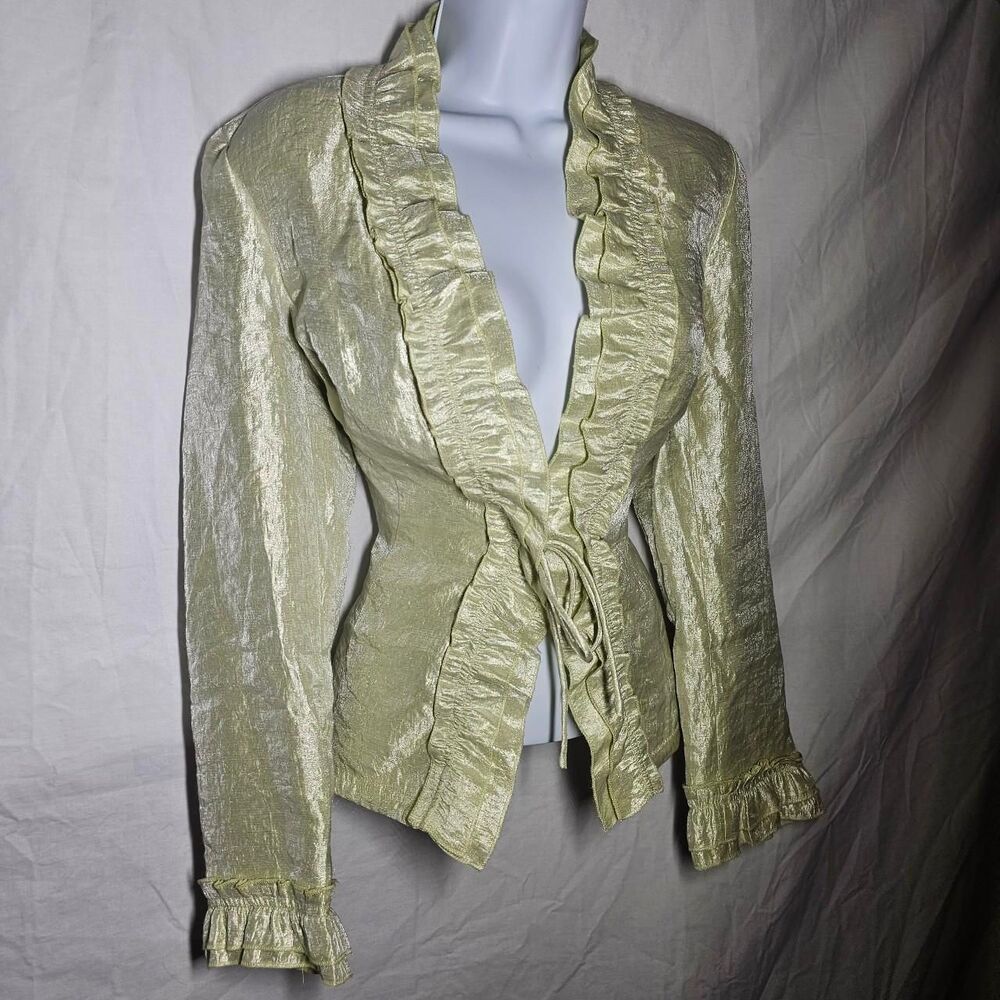 Rafaella Light Sage Ruffled Tie-Front Blouse
